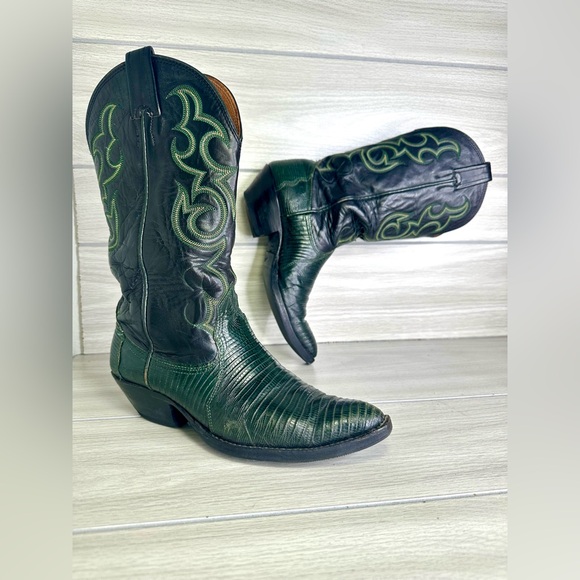 Nocona Western Boot GREEN Teju Lizard Grain Size 6.5 Leather Pointed USA Made - Picture 9 of 14
